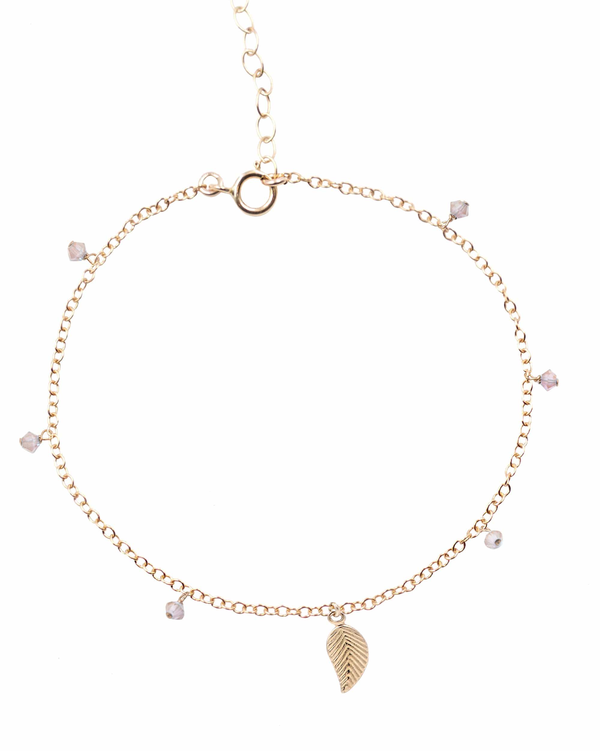 Dainty Leaf Anklet with Pink Crystal Dangles Dainty Anklets MaeMae Jewelry | Dainty Leaf Anklet | Leaf Charm and Peach Crystals