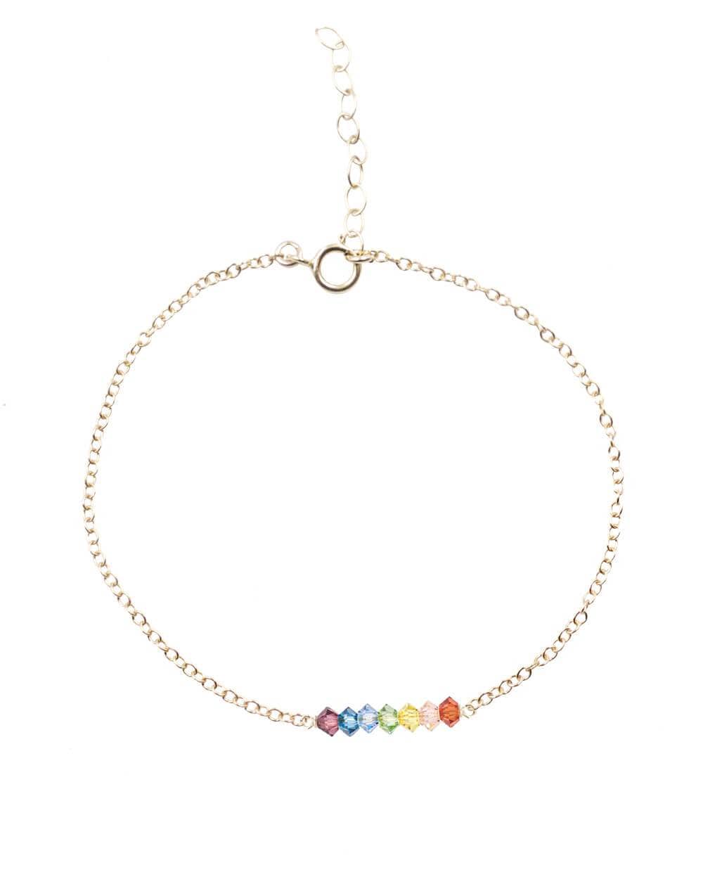 Detail view of The 7 Chakras Bracelet on a 14k Gold Filled Chain with 7 Swarovski Crystals created by MaeMae Jewelry