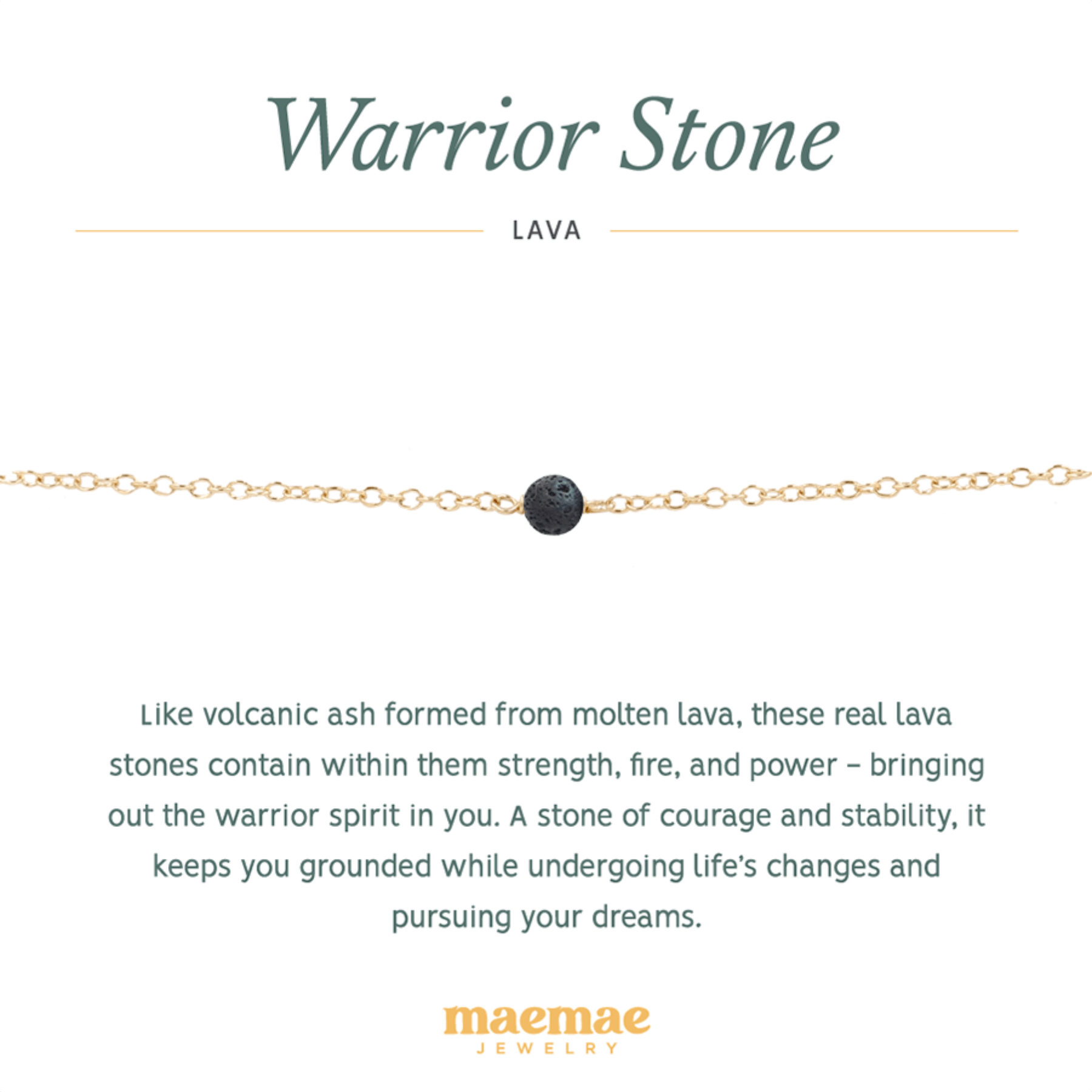 MaeMae Jewelry Warrior lava healing stone collection gold bracelet on affirmation card