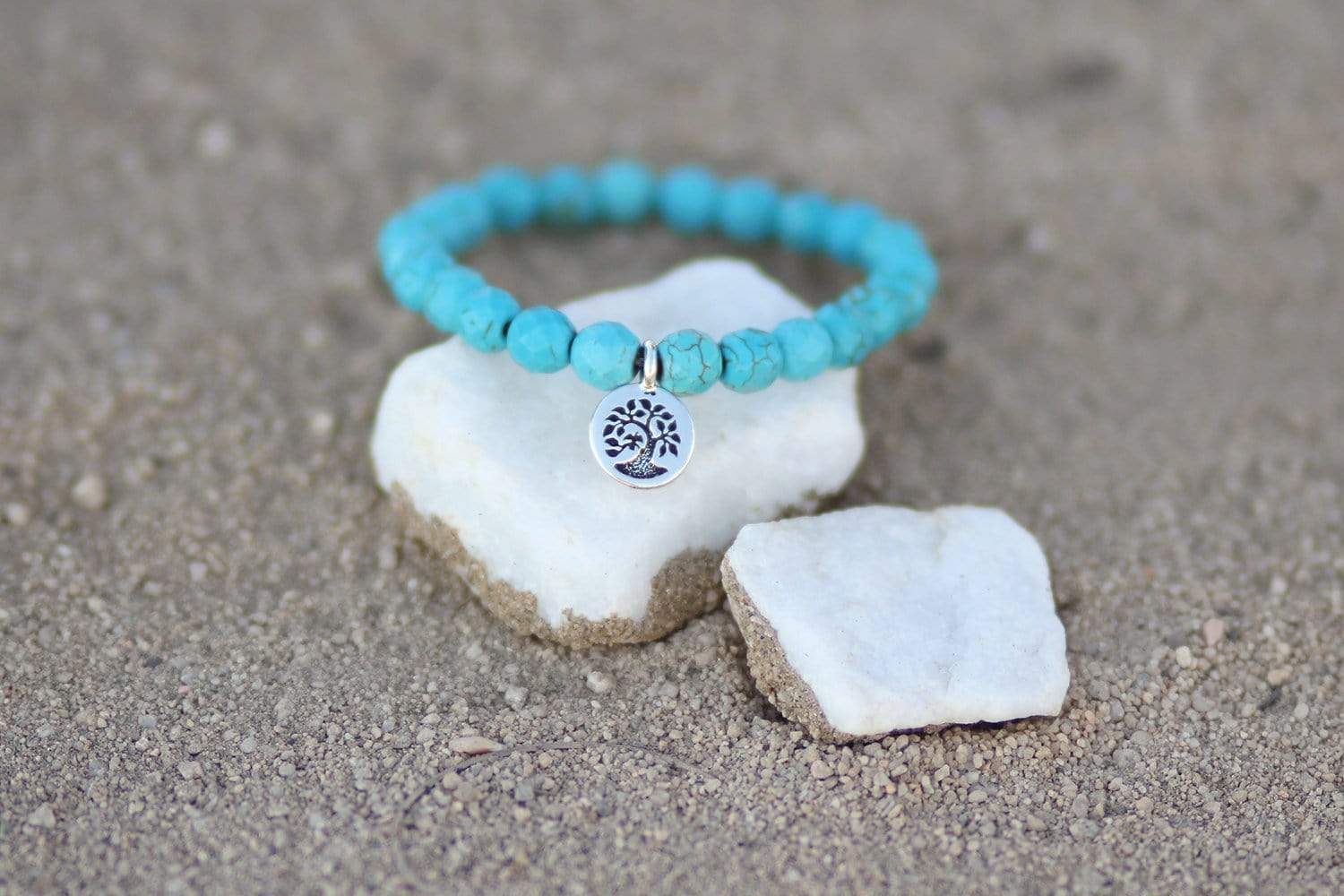 Simple and clean MaeMae Custom Stone Bracelet using Turquoise and silver Joshua Tree charm.
