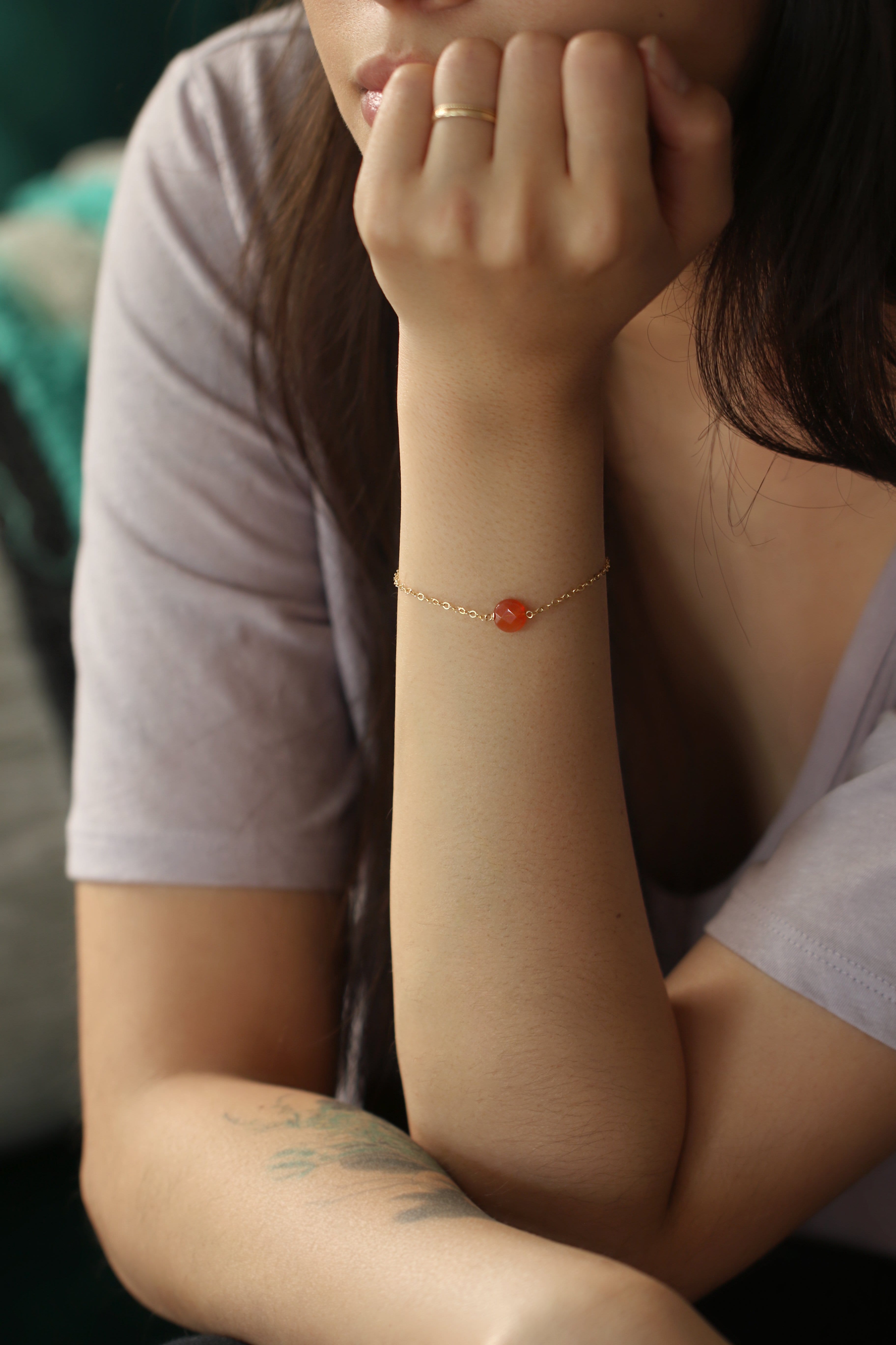 Carnelian stone gold filled bracelet on model