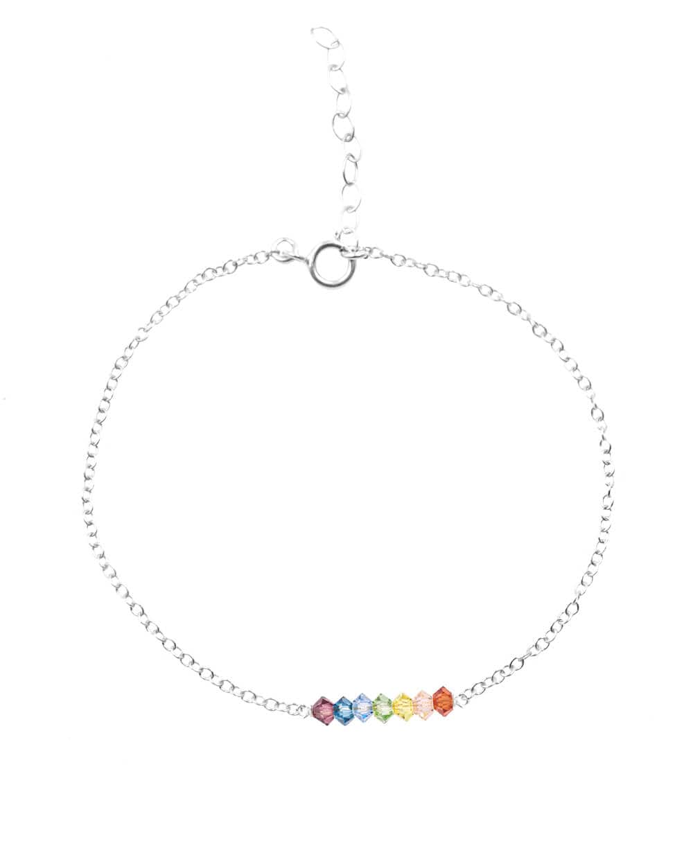 Detail view of The 7 Chakras Bracelet on a Sterling Silver Chain with 7 Swarovski Crystals created by MaeMae Jewelry