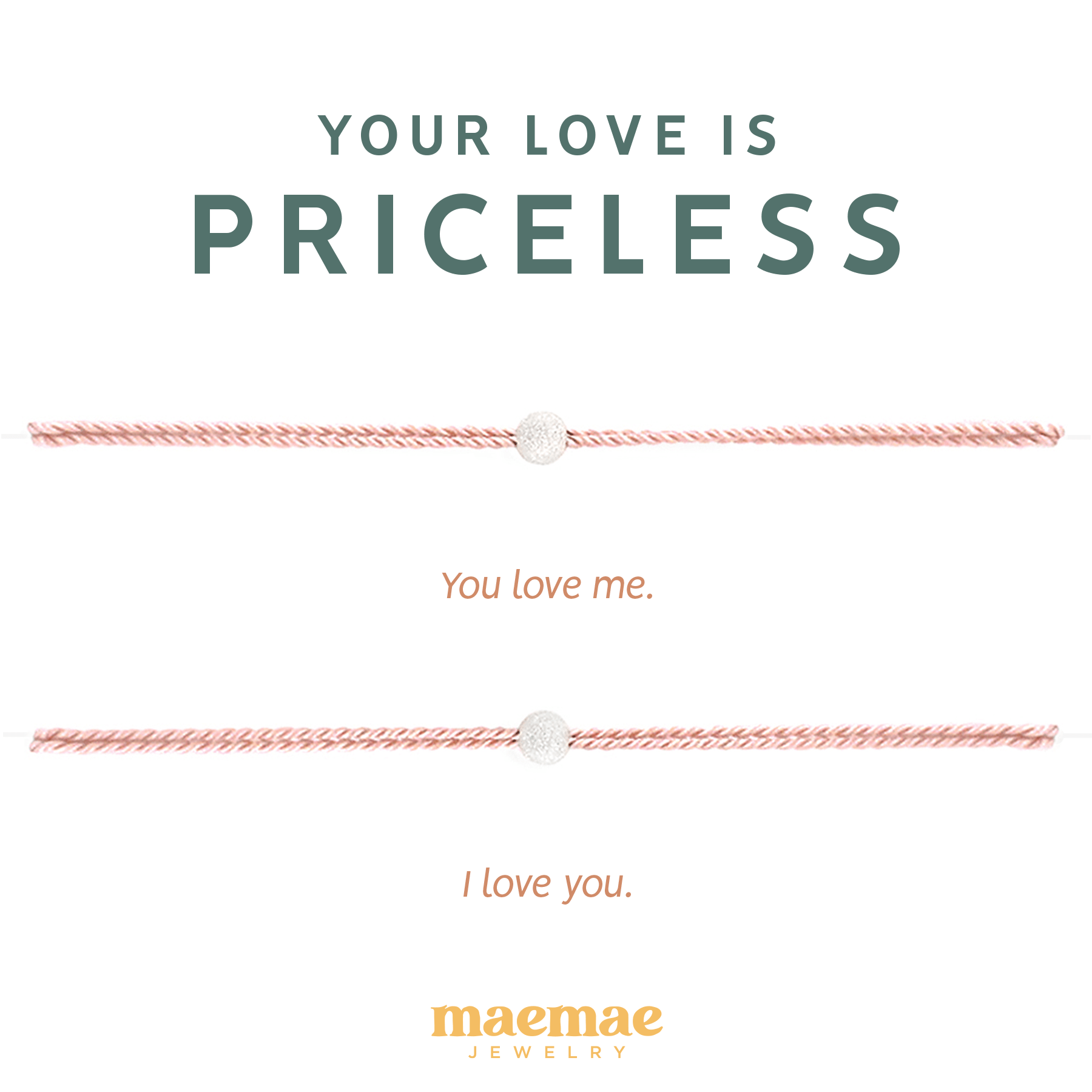 MaeMae Jewelry your love is priceless silver bead on pink string with affirmation card