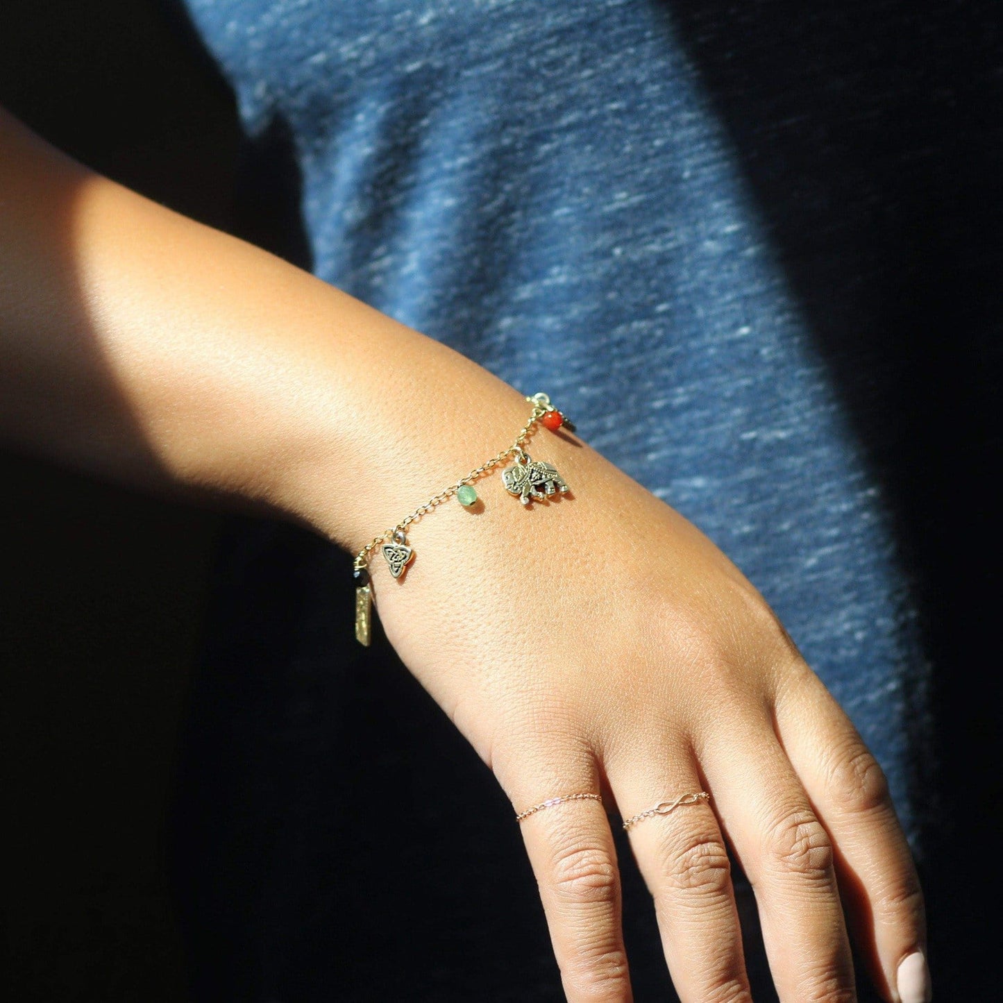 Close up view of MaeMae Super Good Luck Bracelet Charm bracelet on a customer