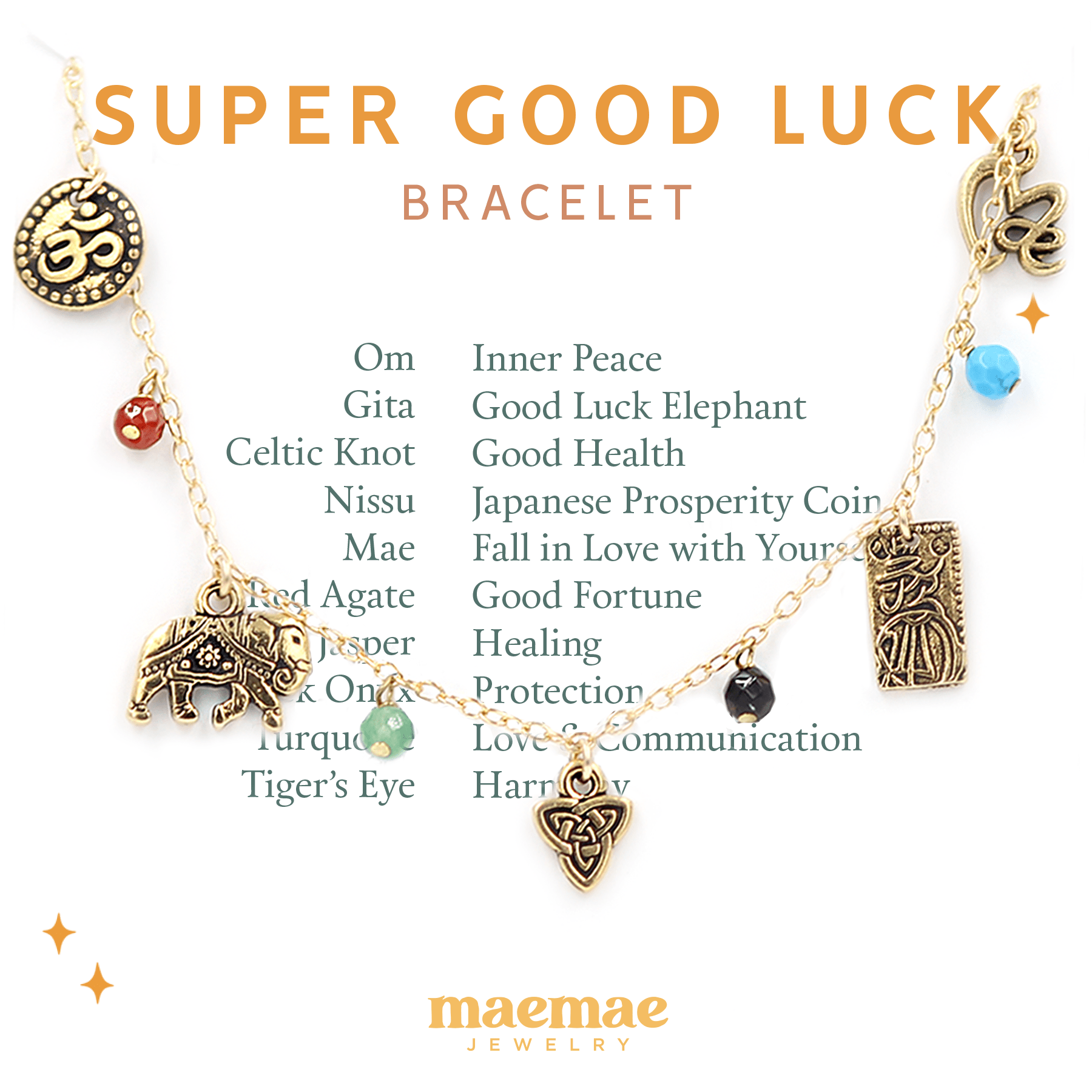 Super Good Luck Bracelet Dainty Bracelet MaeMae Super Good Luck Bracelet - Handcrafted Charm Bracelet on a dainty gold or silver chain.