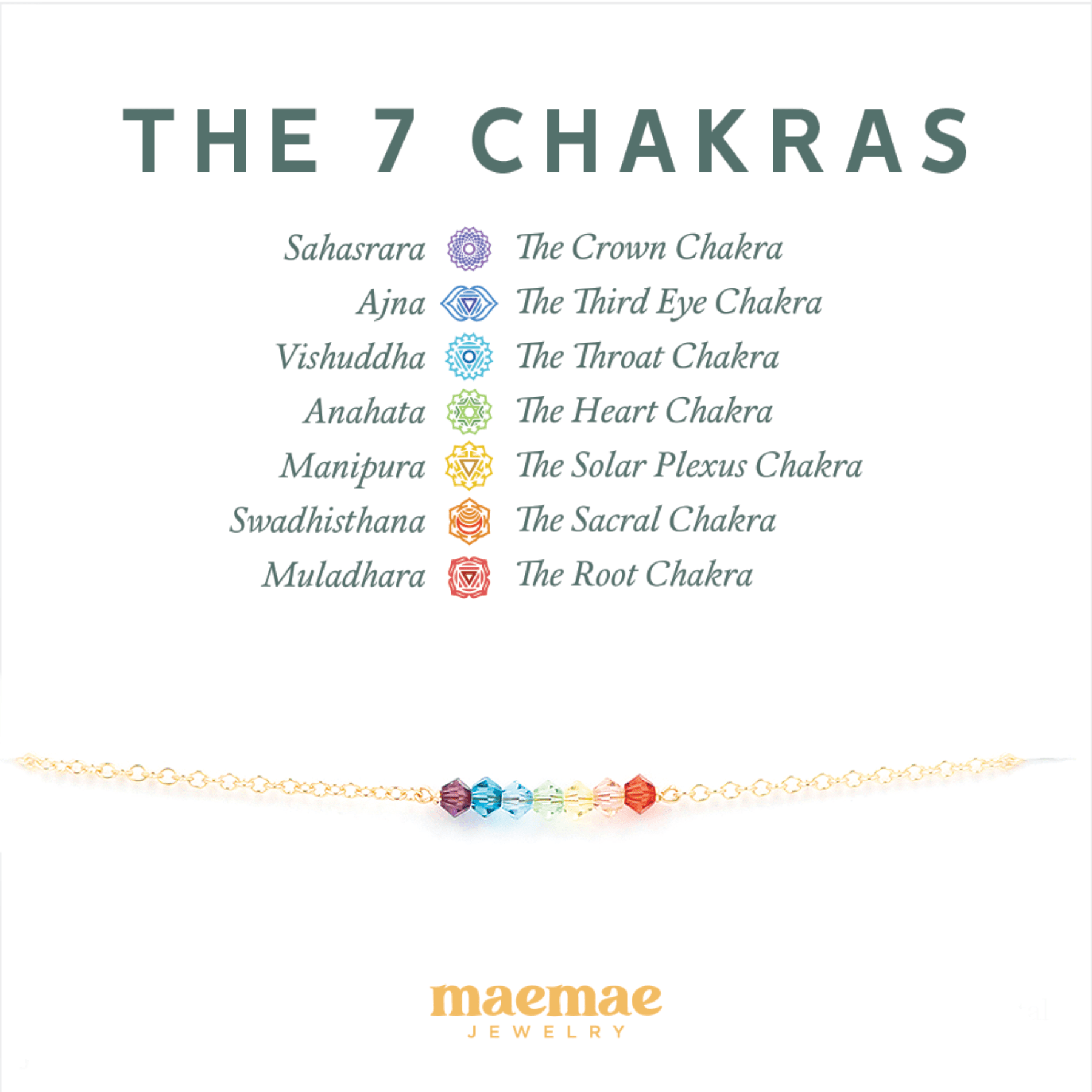 MaeMae Jewelry the 7 chakras rainbow charm gold chain bracelet on card