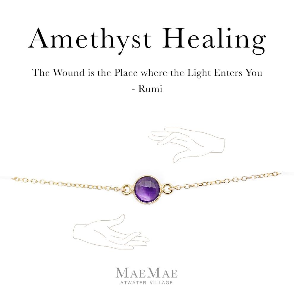 Genuine Amethyst Stone Gold Bracelet on an illustrated card with Rumi Quote - MaeMae Jewelry