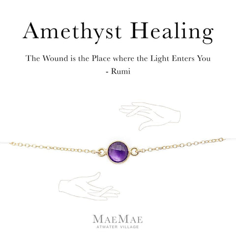 Genuine Amethyst Stone Gold Bracelet on an illustrated card with Rumi Quote - MaeMae Jewelry