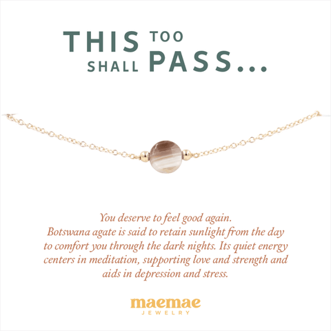 MaeMae Jewelry This Too Shall Pass botswana agate stone gold filled bracelet on affirmation card