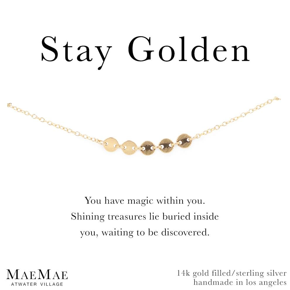 14k gold filled cable chain bracelet with 5 golden discs on positive affirmation card - MaeMae Jewelry