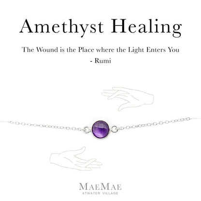 Genuine Amethyst Stone Silver Bracelet on an illustrated card with Rumi Quote - MaeMae Jewelry