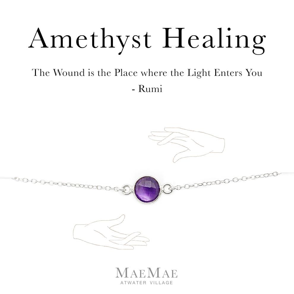 Genuine Amethyst Stone Silver Bracelet on an illustrated card with Rumi Quote - MaeMae Jewelry