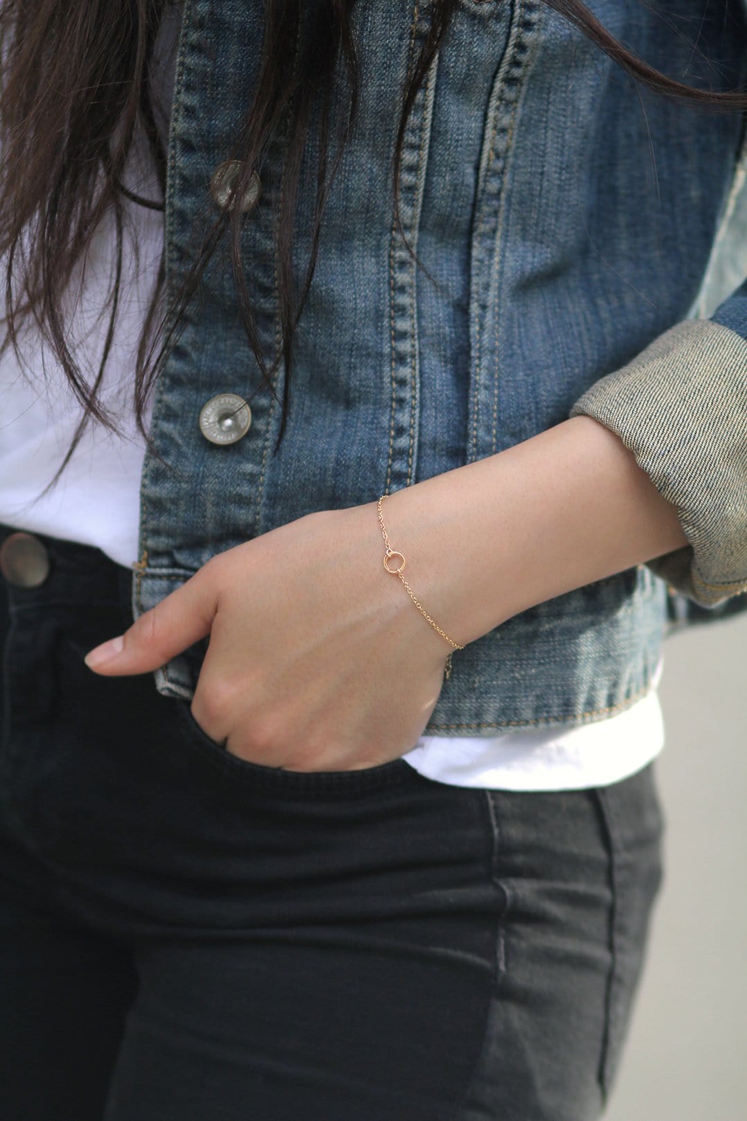 Model Wearing Harmony Bracelet in Gold MaeMae Jewelry