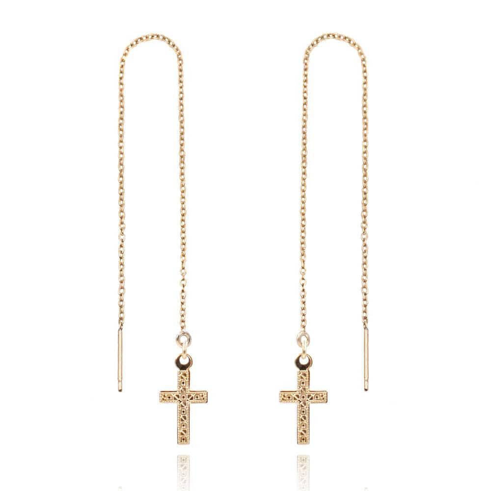 Cross Threader Earrings Dainty Earrings 14k Gold Filled Gold or Sterling Silver Cross Ear Threaders | Earrings | MaeMaeJewelry