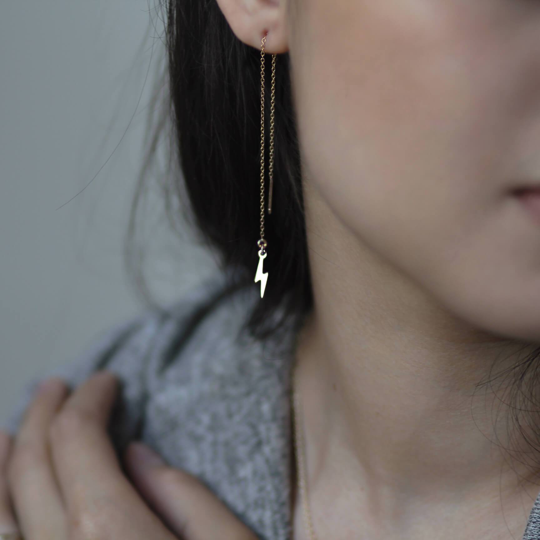 Lightning Bolt Threader Earrings Dainty Earrings Gold or Silver Lightning Bolt Long Chain Threader Earrings | MaeMae