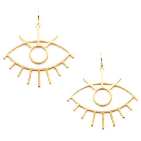 MaeMae Jewelry gold evil eye earrings on white background