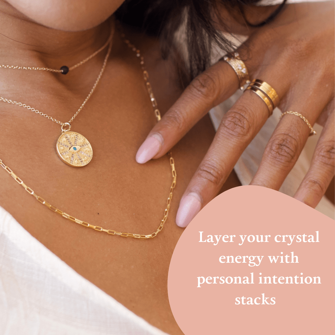 Layer our dainty crystal necklaces to give yourself extra energy by stacking more pieces to create a personal intention