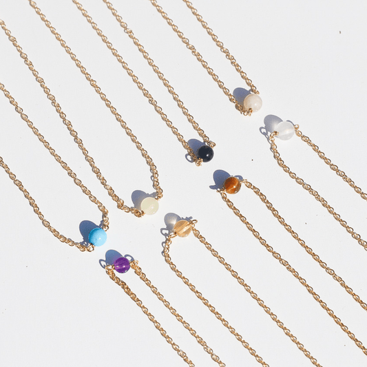 Crystal Healing Stone Necklaces. Energy to bring those intentions closer every day! Choose from Amethyst, Rose Quartz, Jade, Citrine, Onyx, Tigers Eye, Turquoise, and Peach Moonstone!