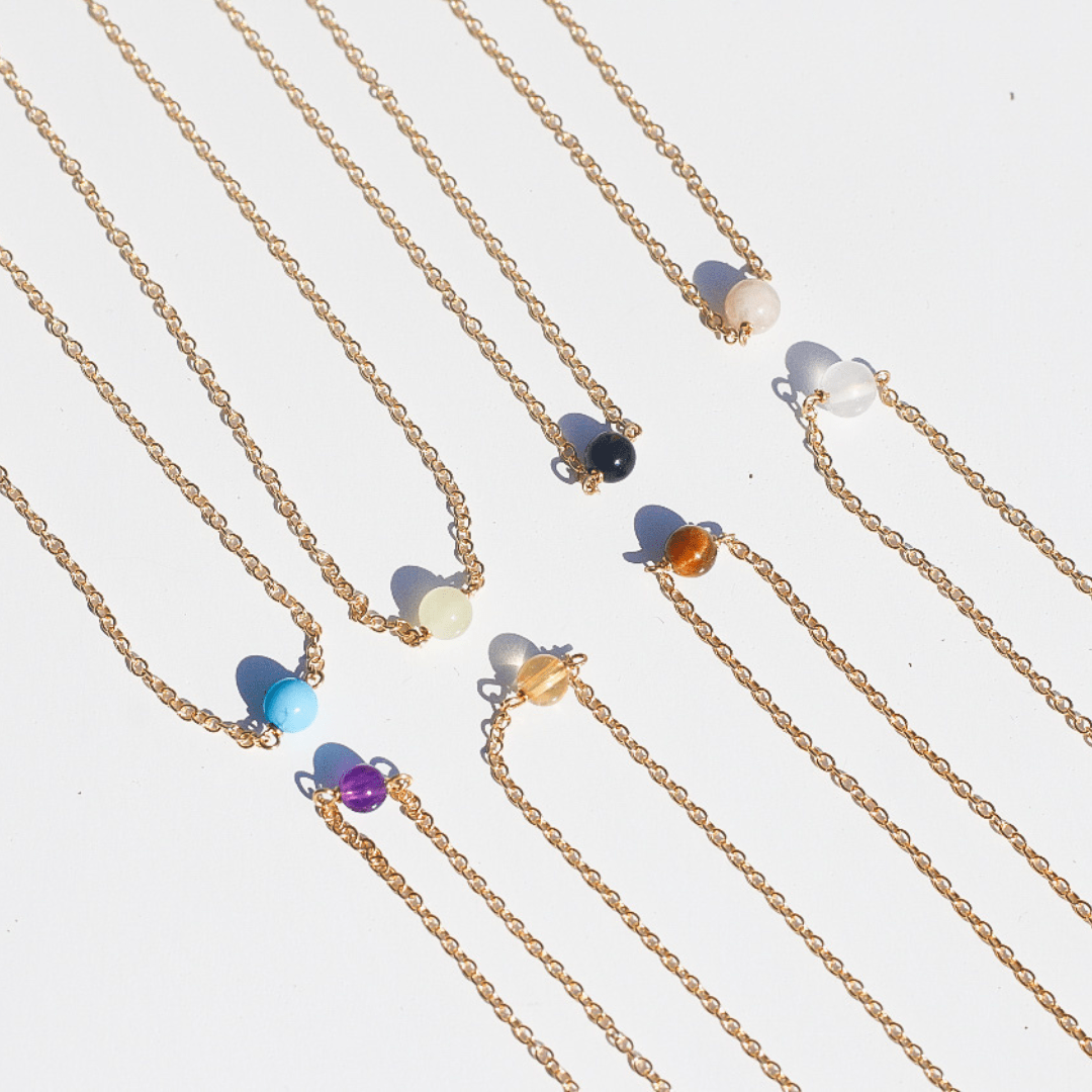 Crystal Healing Stone Necklaces. Energy to bring those intentions closer every day! Choose from Amethyst, Rose Quartz, Jade, Citrine, Onyx, Tigers Eye, Turquoise, and Peach Moonstone!