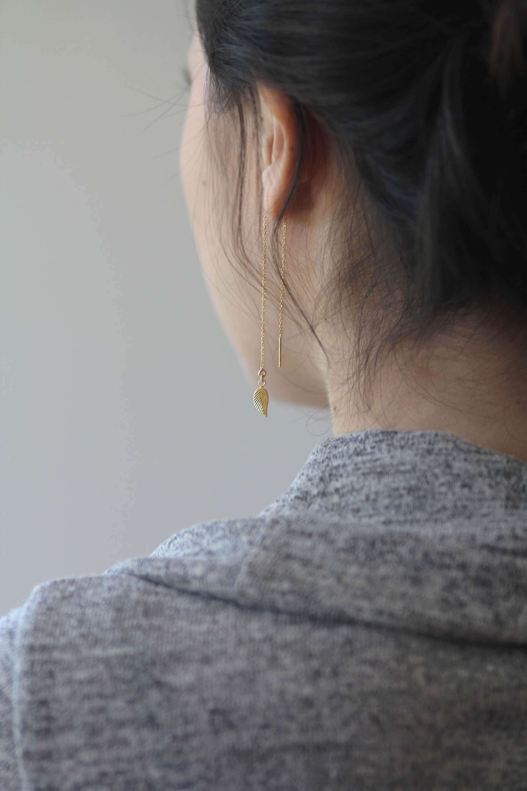 Leaf Threader Earrings Dainty MaeMae Jewelry | Ear Threaders | Leaf Chain Earrings | Gold or Silver