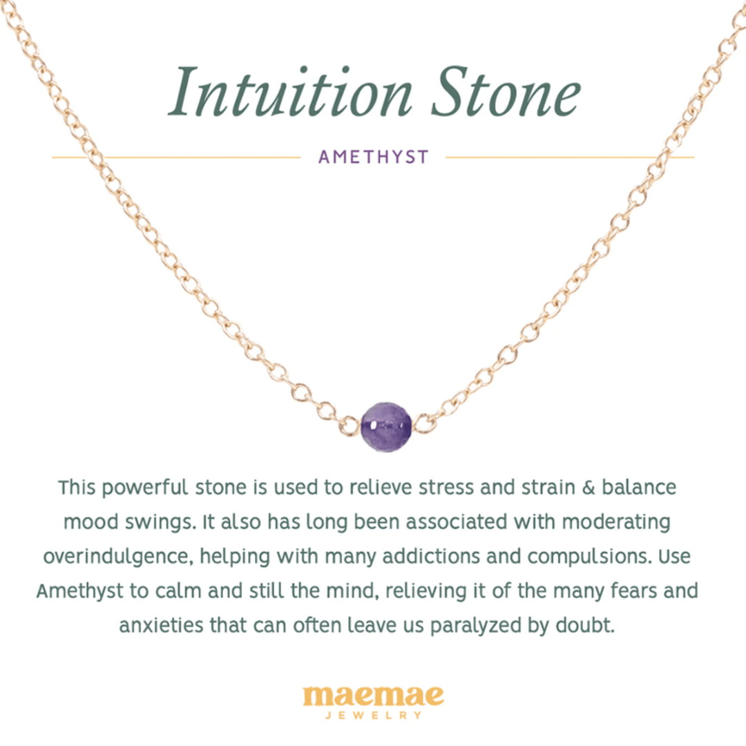 Crystal Amethyst Intuition Necklace. This powerful stone is used to relieve stress and strain & balance mood swings. It also has long been associated with moderating overindulgence, helping with many addictions and compulsions. Use Amethyst to calm and still the mind, relieving it of the many fears and anxieties that can often leave us paralyzed by doubt. Wear alone to amplify your intuition or stack with our pieces to create a personal intention 