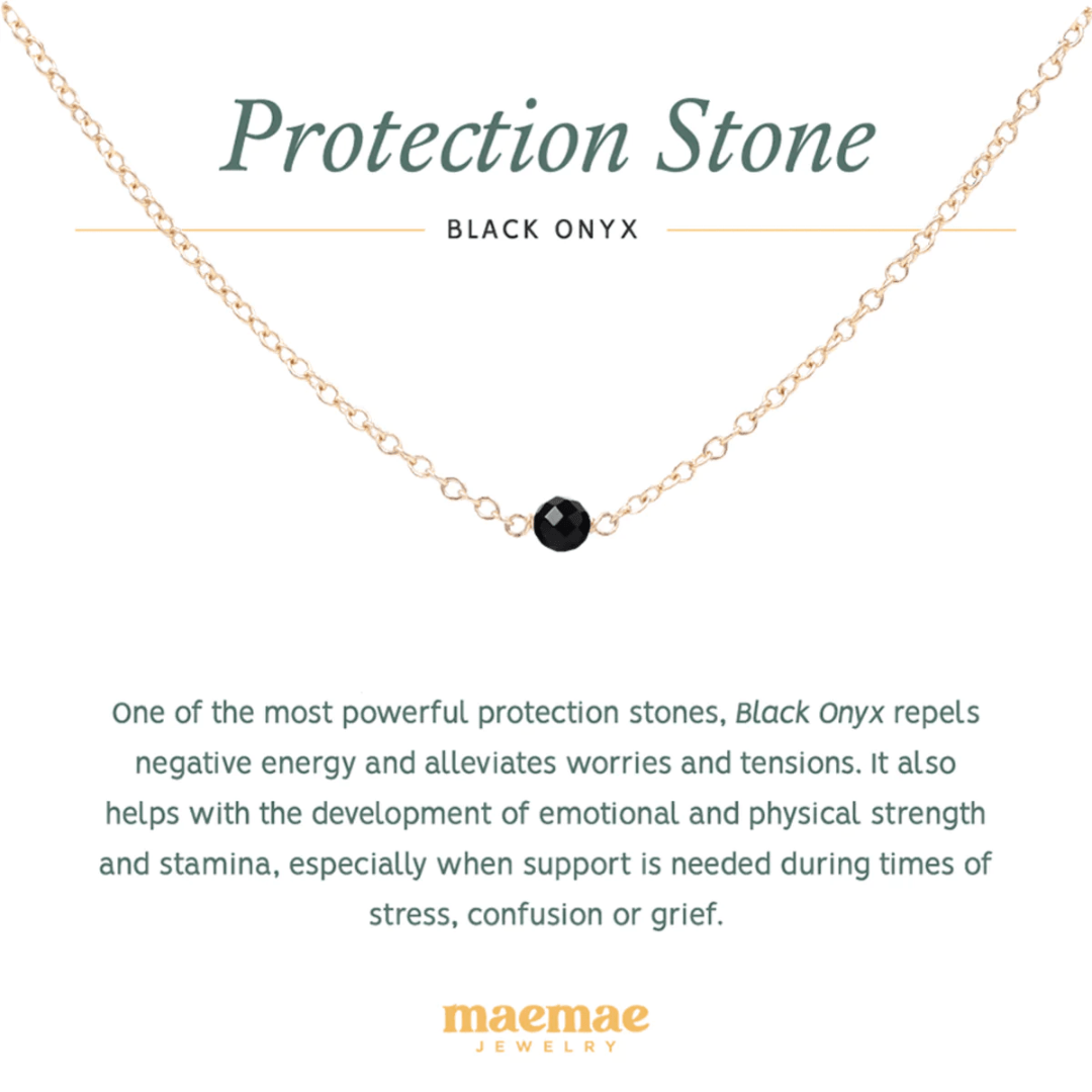 Crystal Black Onyx Protection Necklace. One of the most powerful protection stones, Black Onyx repels negative energy and alleviates worries and tensions. It also helps with the development of emotional and physical strength and stamina, especially when support is needed during times of stress, confusion or grief. Wear alone for powerful energy or stack with our pieces to create a personal intention