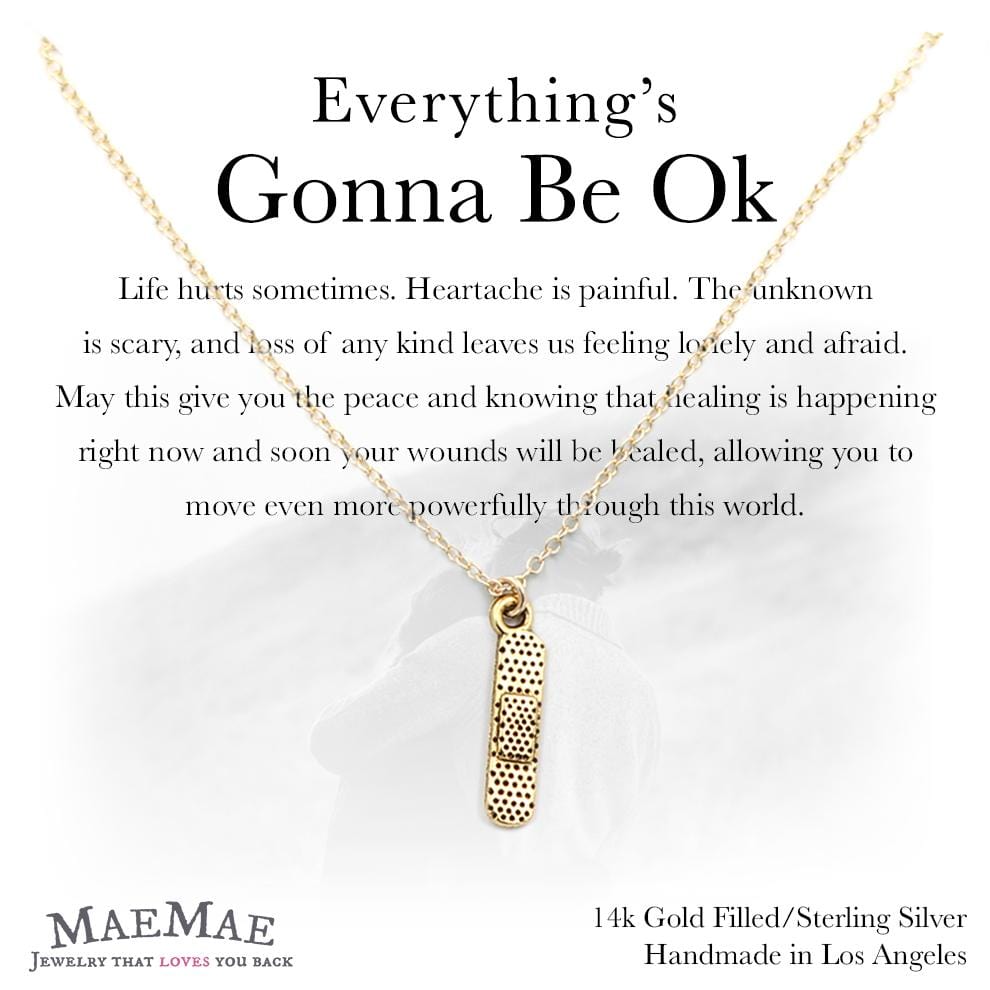 Gold plated pewter bandaid charm on 14k gold filled necklace on illustrated square card with positive affirmation - MaeMae Jewelry