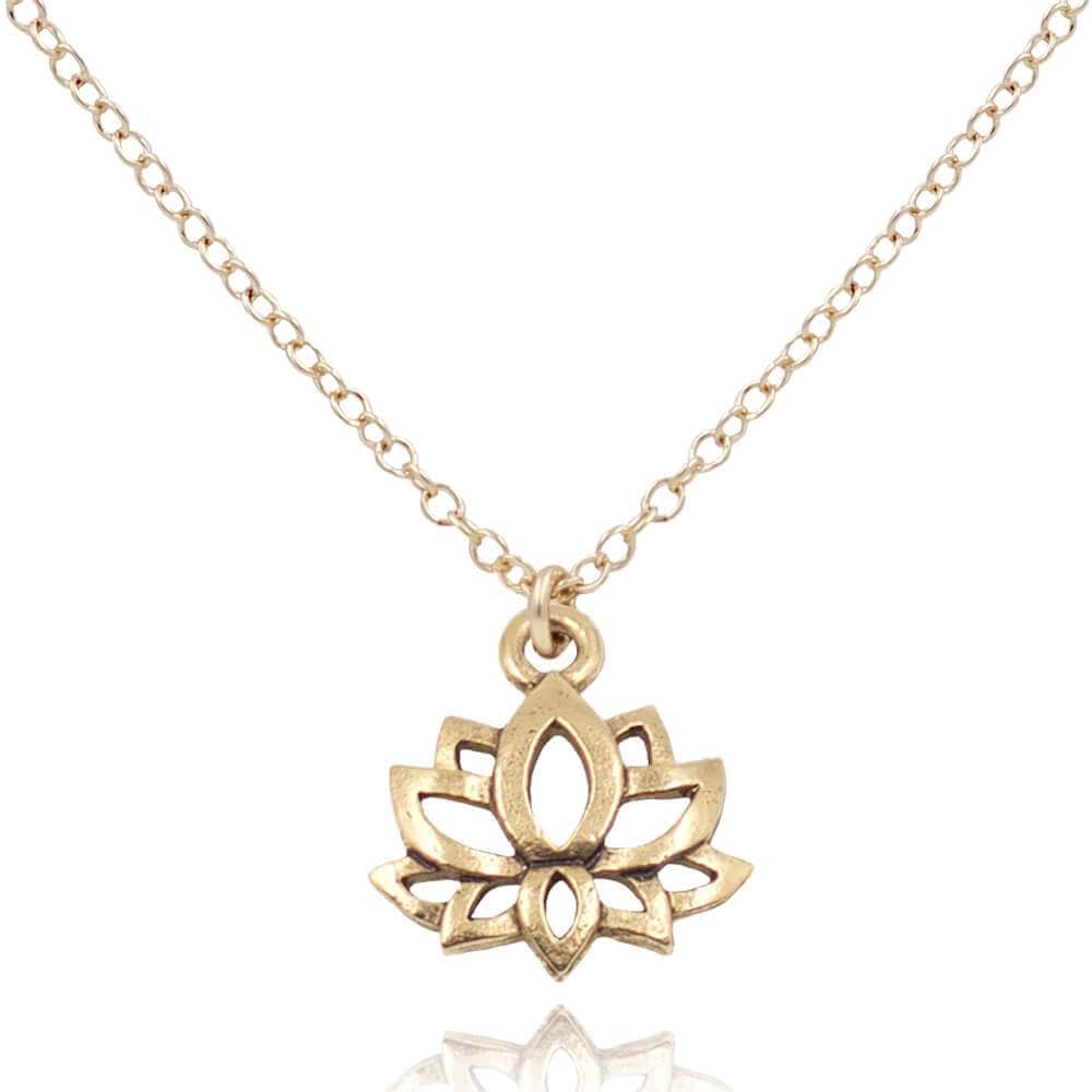 Close up of a gold pewter lotus charm on a 14k gold filled necklace on white background - MaeMae Jewelry