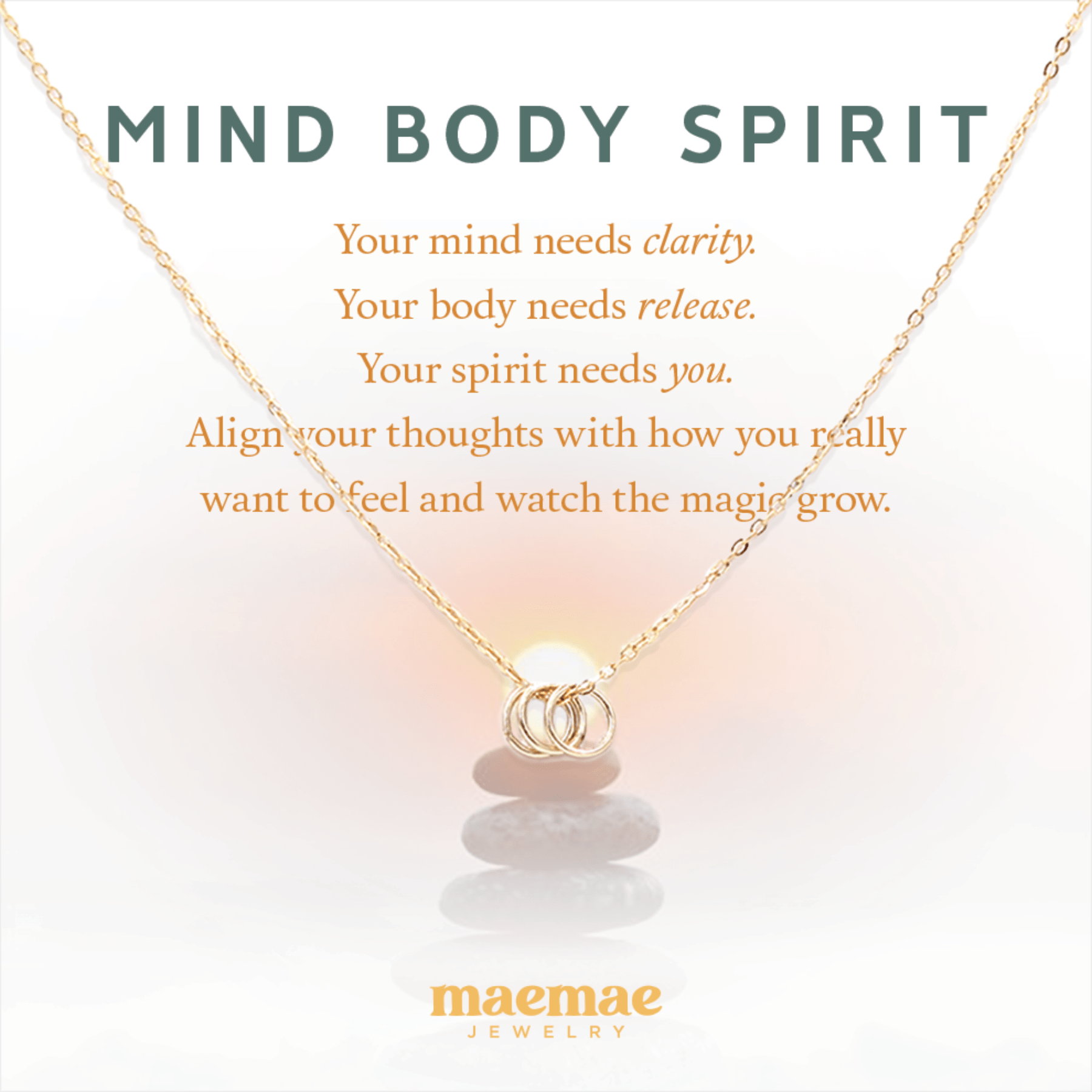 MaeMae Jewelry Mind Body Spirit gold necklace on affirmation card