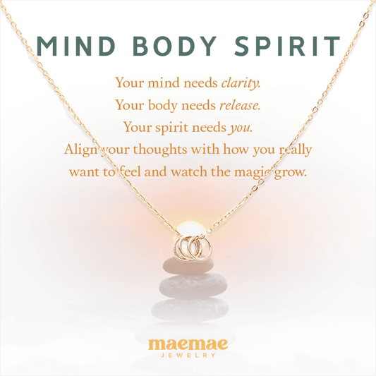 MaeMae Jewelry Mind Body Spirit gold necklace on affirmation card