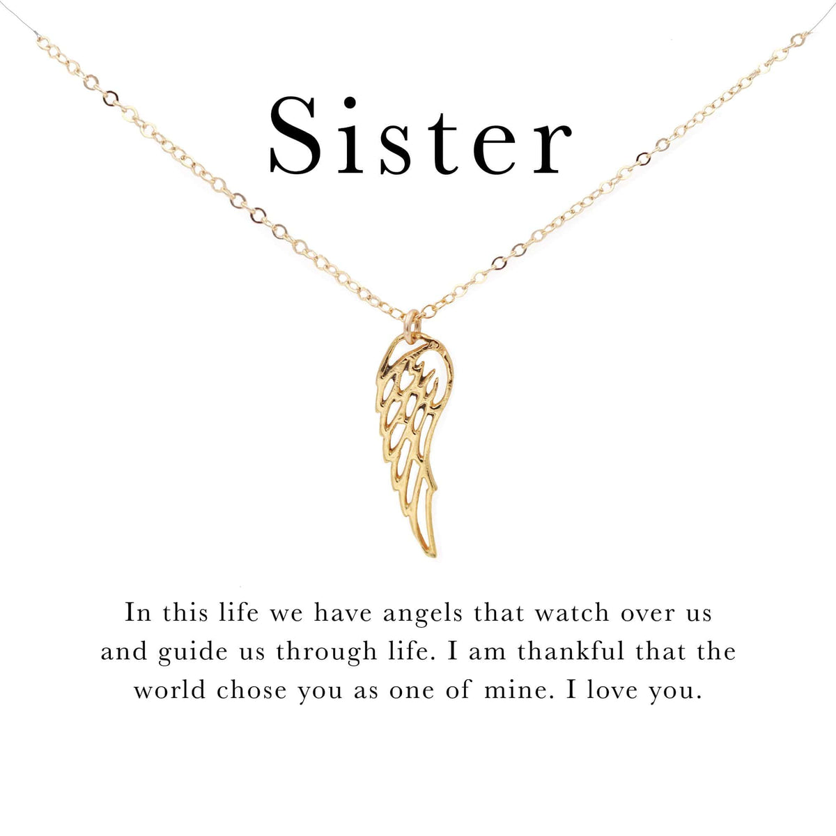 14k Gold filled cable chain necklace with vermeil angel wing pendant on affirmation card - MaeMae Jewelry