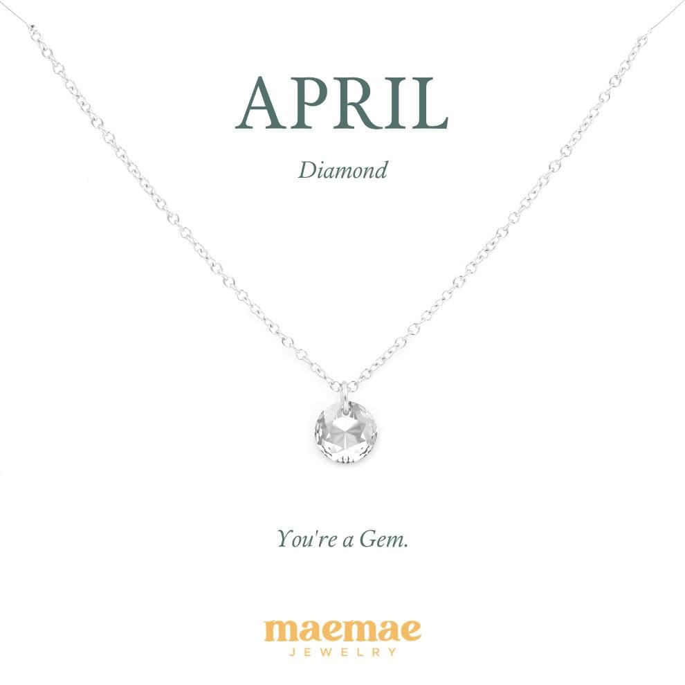 Birthstone Necklace - Crystal Pendant Dainty Necklace 16"-18" (standard) / April - Diamond / Sterling Silver MaeMae Birthstone Necklace - Crystal Pendant is a Swarovski Crystal on a Dainty Gold or Silver Necklace.