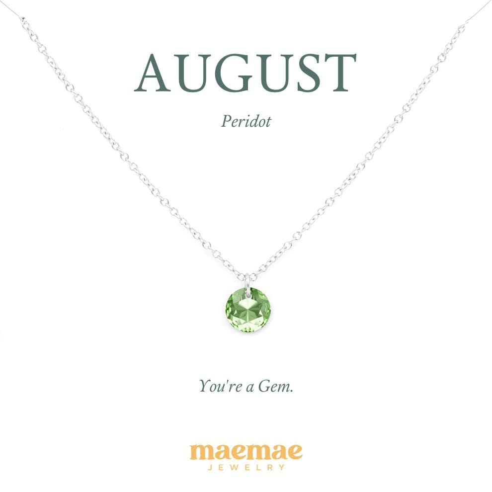 Birthstone Necklace - Crystal Pendant Dainty Necklace 16"-18" (standard) / August - Peridot / Sterling Silver MaeMae Birthstone Necklace - Crystal Pendant is a Swarovski Crystal on a Dainty Gold or Silver Necklace.