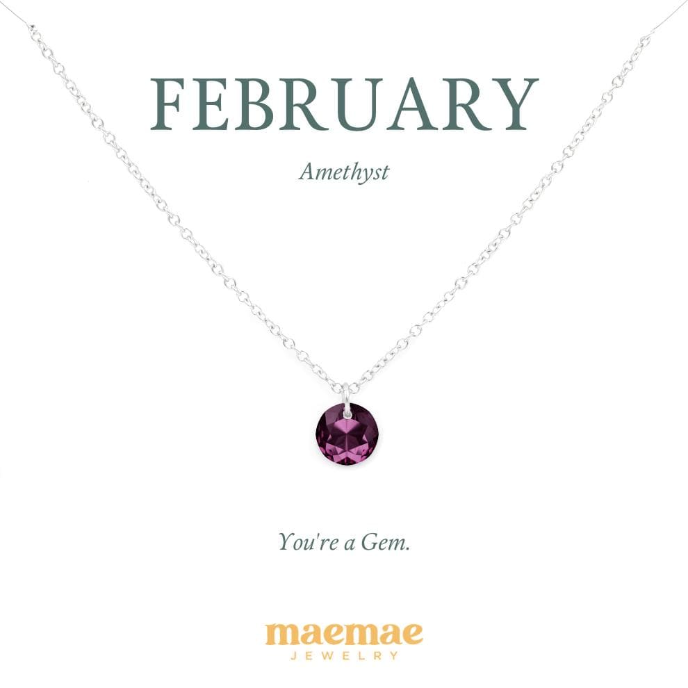 Birthstone Necklace - Crystal Pendant Dainty Necklace 16"-18" (standard) / February - Amethyst / Sterling Silver MaeMae Birthstone Necklace - Crystal Pendant is a Swarovski Crystal on a Dainty Gold or Silver Necklace.