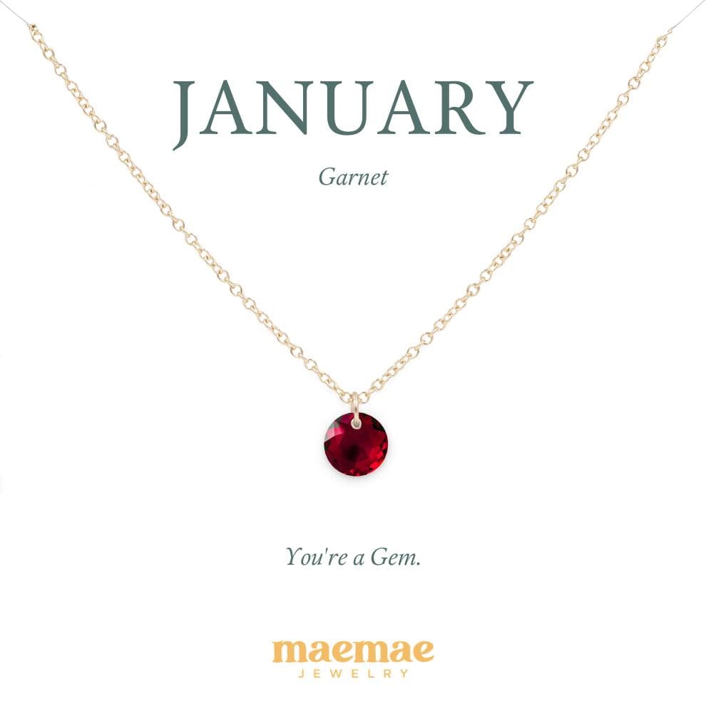 Birthstone Necklace - Crystal Pendant Dainty Necklace 16"-18" (standard) / January - Garnet / 14k Gold Filled MaeMae Birthstone Necklace - Crystal Pendant is a Swarovski Crystal on a Dainty Gold or Silver Necklace.