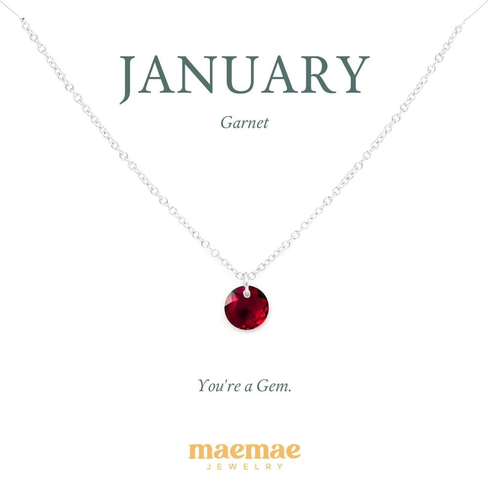 Birthstone Necklace - Crystal Pendant Dainty Necklace 16"-18" (standard) / January - Garnet / Sterling Silver MaeMae Birthstone Necklace - Crystal Pendant is a Swarovski Crystal on a Dainty Gold or Silver Necklace.