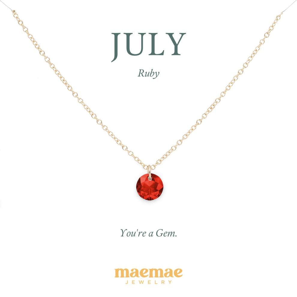 Birthstone Necklace - Crystal Pendant Dainty Necklace 16"-18" (standard) / July - Ruby / 14k Gold Filled MaeMae Birthstone Necklace - Crystal Pendant is a Swarovski Crystal on a Dainty Gold or Silver Necklace.