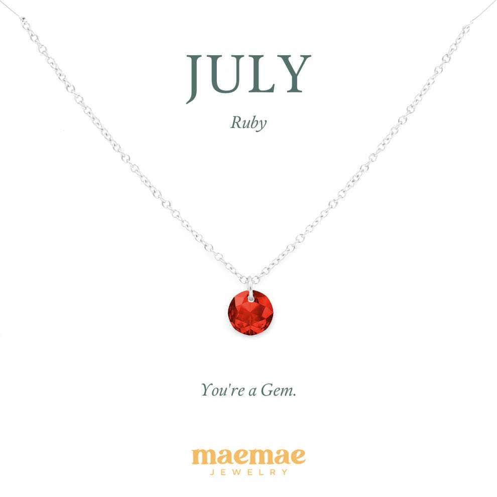 Birthstone Necklace - Crystal Pendant Dainty Necklace 16"-18" (standard) / July - Ruby / Sterling Silver MaeMae Birthstone Necklace - Crystal Pendant is a Swarovski Crystal on a Dainty Gold or Silver Necklace.