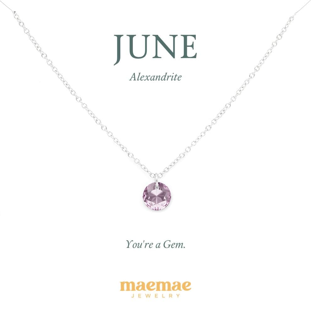 Birthstone Necklace - Crystal Pendant Dainty Necklace 16"-18" (standard) / June - Alexandrite / Sterling Silver MaeMae Birthstone Necklace - Crystal Pendant is a Swarovski Crystal on a Dainty Gold or Silver Necklace.