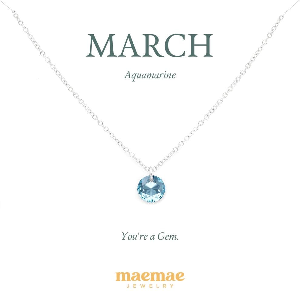 Birthstone Necklace - Crystal Pendant Dainty Necklace 16"-18" (standard) / March - Aquamarine / Sterling Silver MaeMae Birthstone Necklace - Crystal Pendant is a Swarovski Crystal on a Dainty Gold or Silver Necklace.