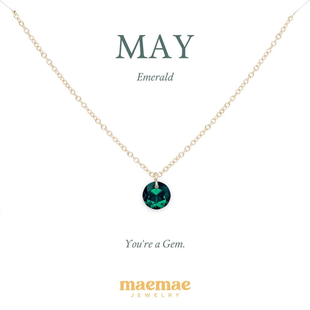 Birthstone Necklace - Crystal Pendant Dainty Necklace 16"-18" (standard) / May - Emerald / 14k Gold Filled MaeMae Birthstone Necklace - Crystal Pendant is a Swarovski Crystal on a Dainty Gold or Silver Necklace.