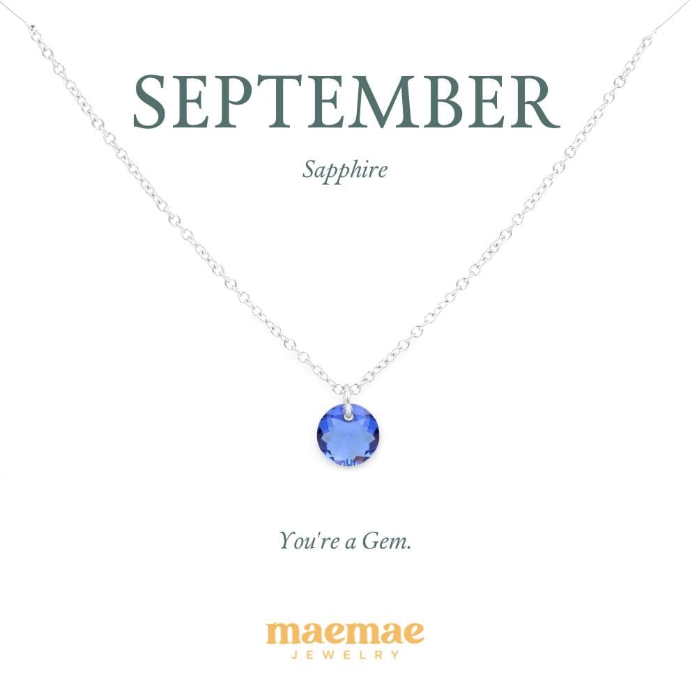 Birthstone Necklace - Crystal Pendant Dainty Necklace 16"-18" (standard) / September - Sapphire / Sterling Silver MaeMae Birthstone Necklace - Crystal Pendant is a Swarovski Crystal on a Dainty Gold or Silver Necklace.