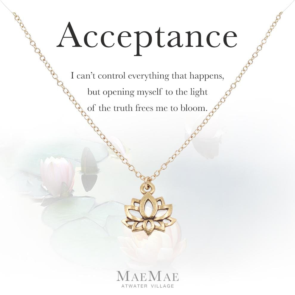 14k Gold filled chain necklace with gold pewter lotus charm on an illustrated positive affirmation card - MaeMae Jewelry