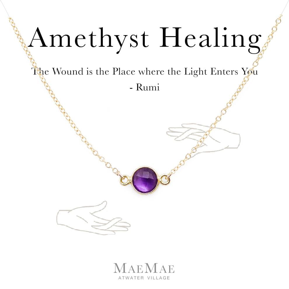 Genuine Amethyst Stone Gold Necklace on an illustrated card with Rumi Quote - MaeMae Jewelry