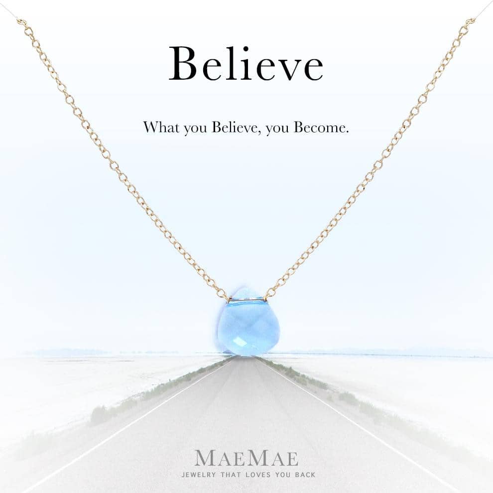 "Believe" Crystal Pendant Necklace Necklace MaeMae Jewelry Aquamarine 14k Gold Filled 16" - 18" Standard