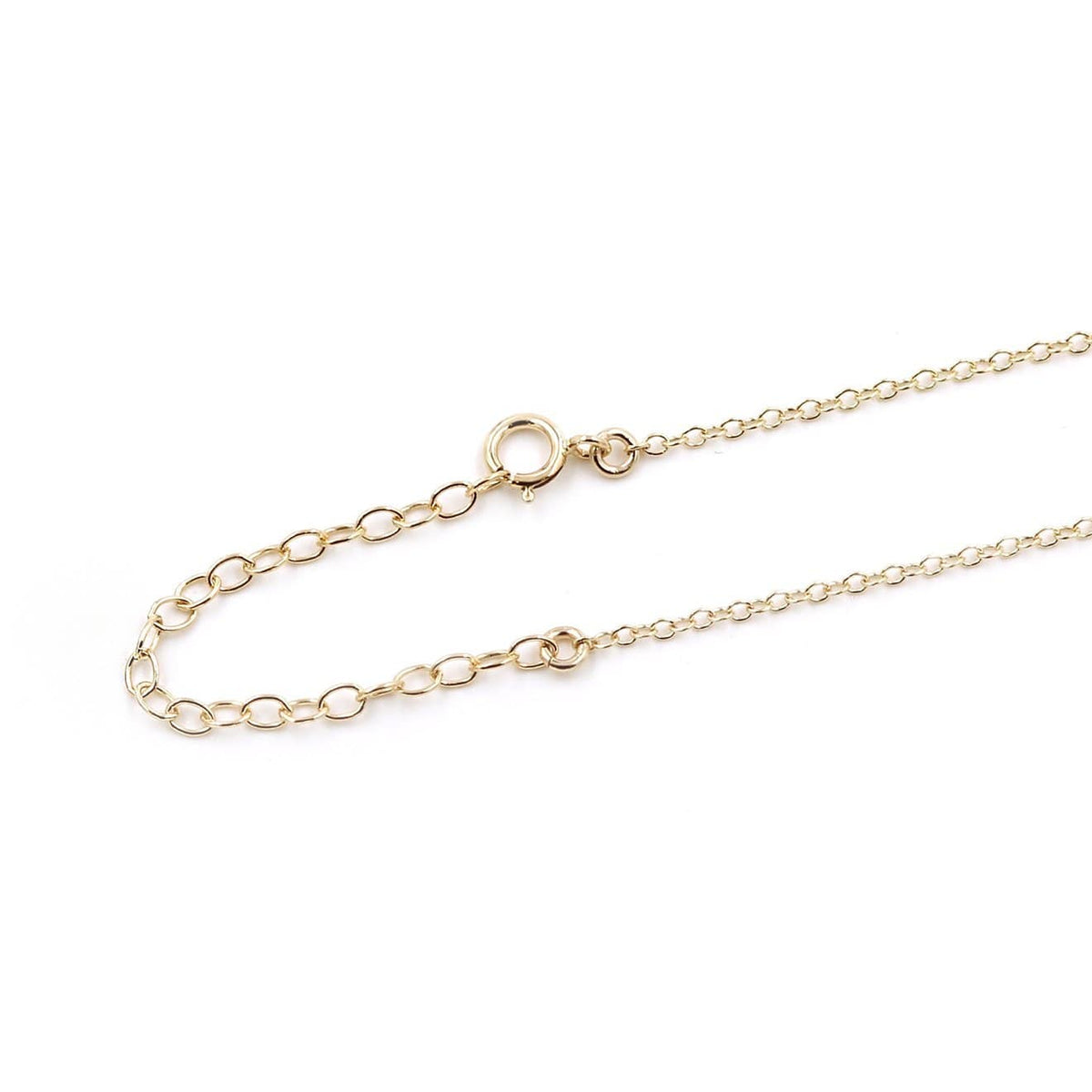 Detailed view of MaeMae Gold Necklace Chain and extender clasp.