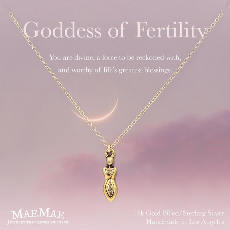 14k gold filled goddess charm necklace on positive fertility affirmation card - MaeMae Jewelry