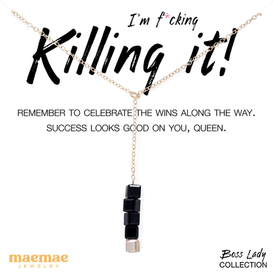 MaeMae Jewelry Boss Lady Collection I'm F*cking Killing It! lariat on affirmation card