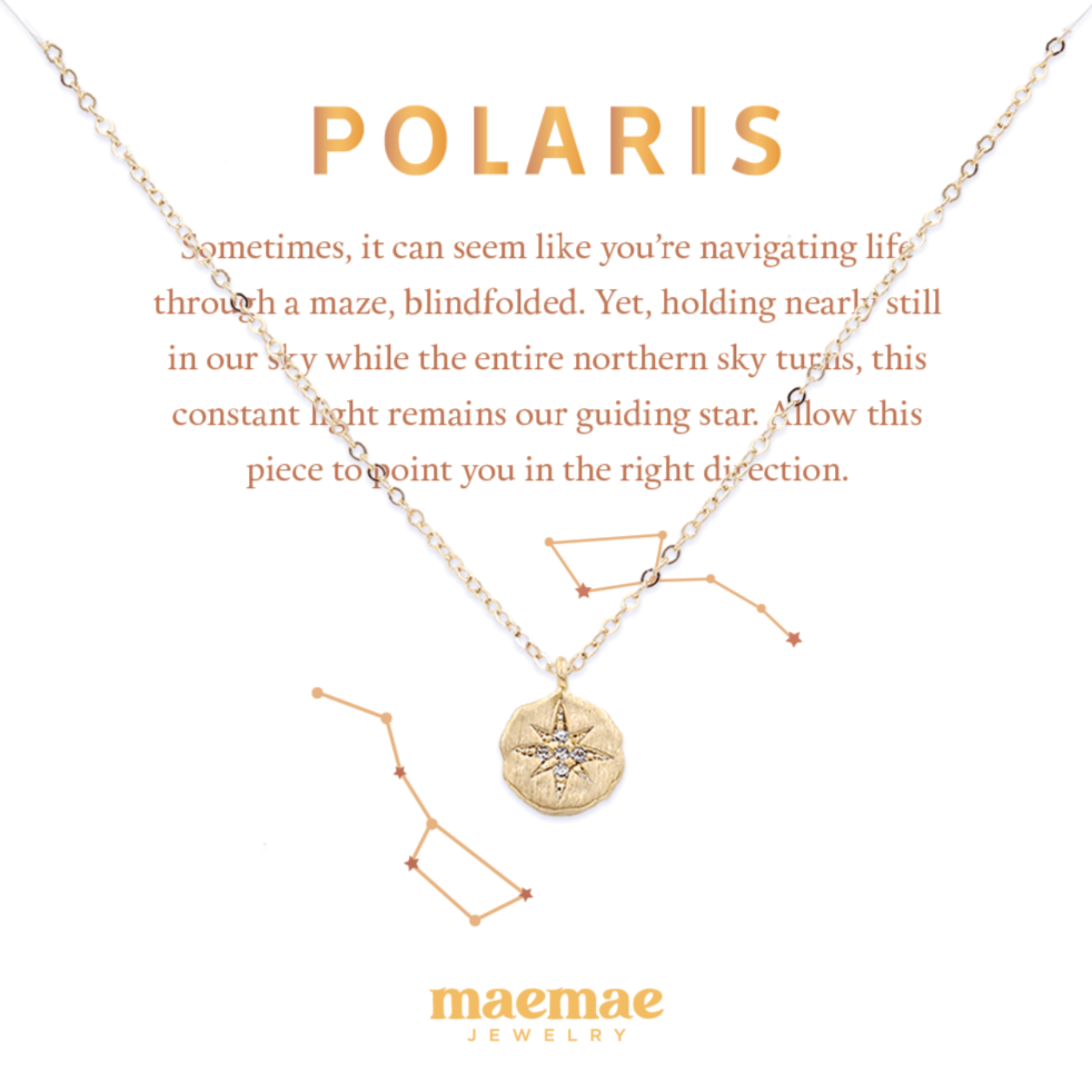 MaeMae Jewelry Polaris gold chain necklace on affirmation card