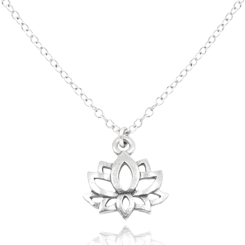 Close up of a silver pewter lotus charm on a Sterling Silver necklace on white background - MaeMae Jewelry